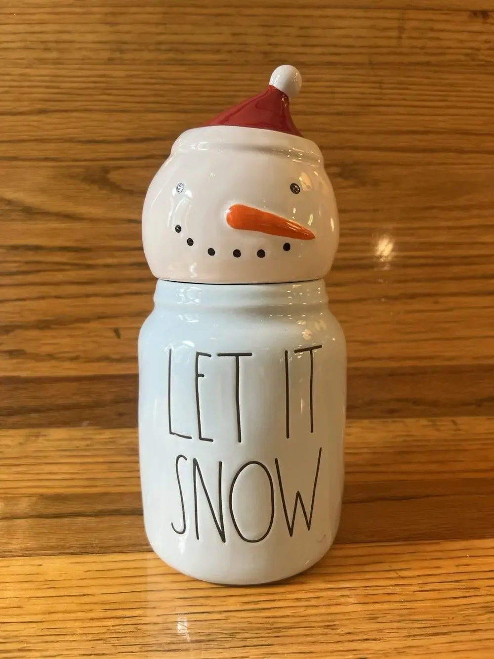 Rae Dunn Small Baby Blue “LET IT SNOW” Christmas Canister w/ Snowman Topper